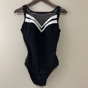 Longitude Swimsuit Womens 10 Black White‎ One Piece Mesh Slimming Shaping